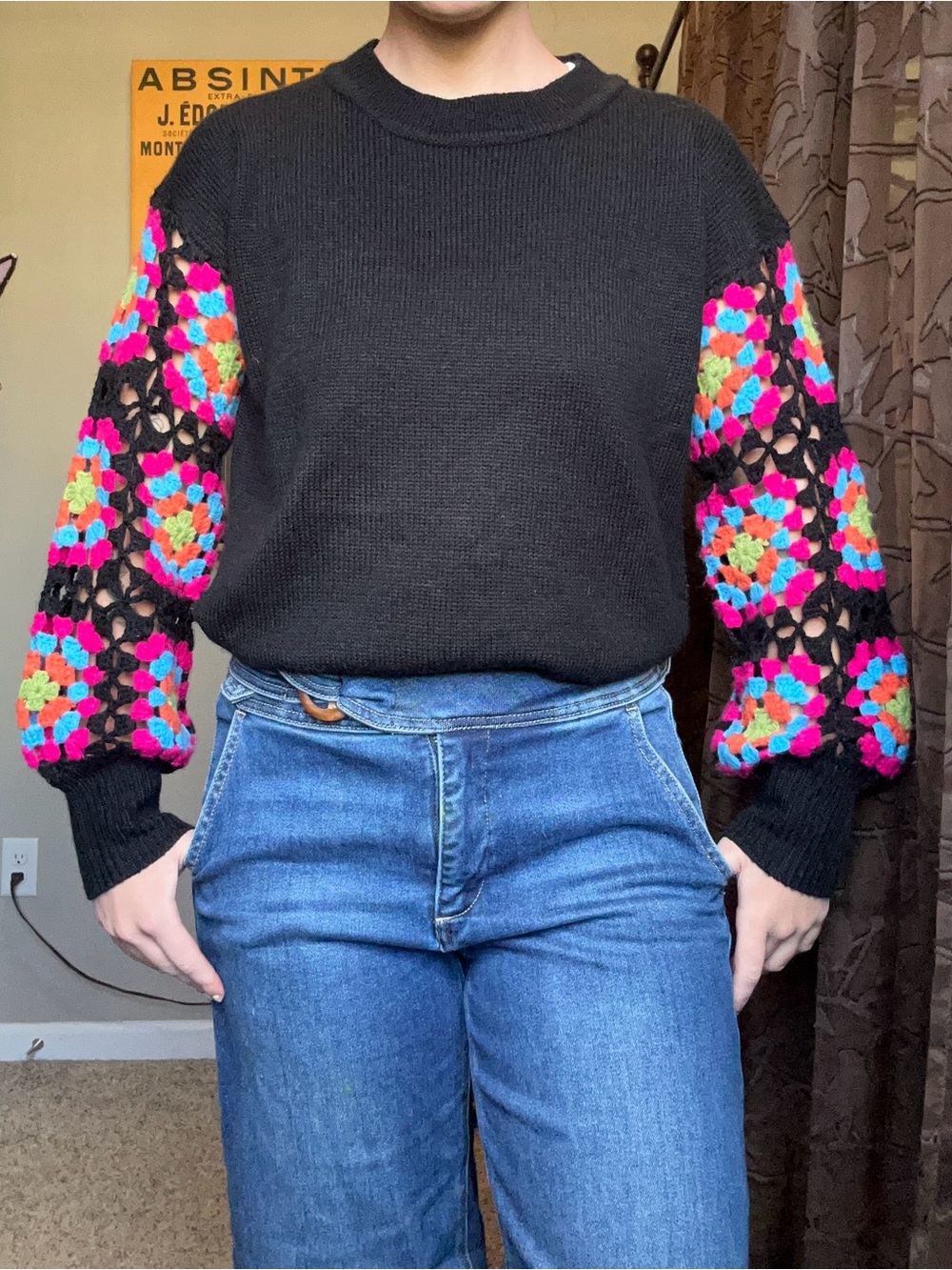 JODIFL Black Sweater with Multicolor Crochet Granny Square Sleeve Detail